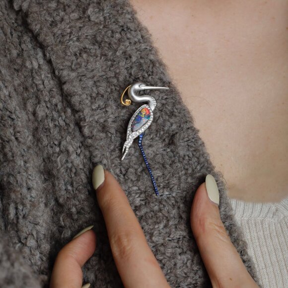 The Egret - Boulder Opal Diamond Sapphire Pendant & Brooch 18k Gold - Picture 4 of 5